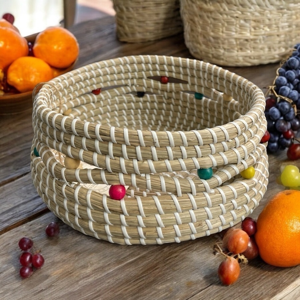 Wicker Tan Bowl Rattan
Basket Handmade Serving
Bowl w/ Beads, Fruit basket